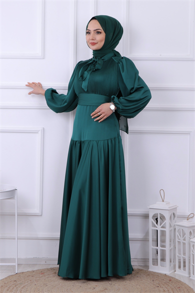 Önü Drapeli Balon Kol Elbise