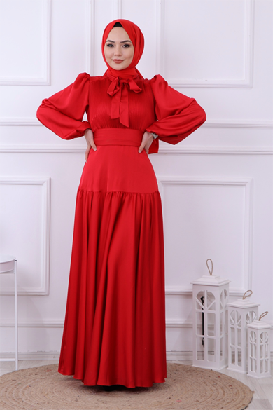 Önü Drapeli Balon Kol Elbise Kırmızı