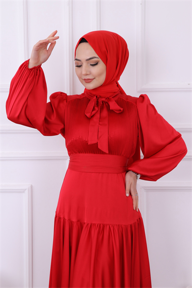 Önü Drapeli Balon Kol Elbise Kırmızı