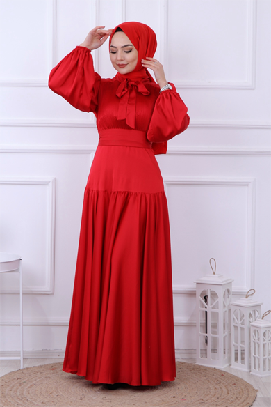 Önü Drapeli Balon Kol Elbise Kırmızı