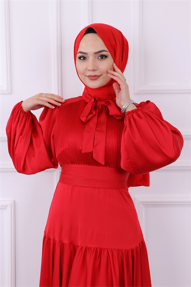 Önü Drapeli Balon Kol Elbise Kırmızı