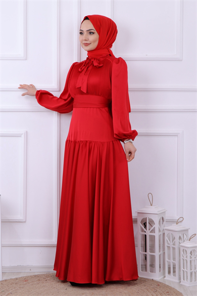 Önü Drapeli Balon Kol Elbise Kırmızı