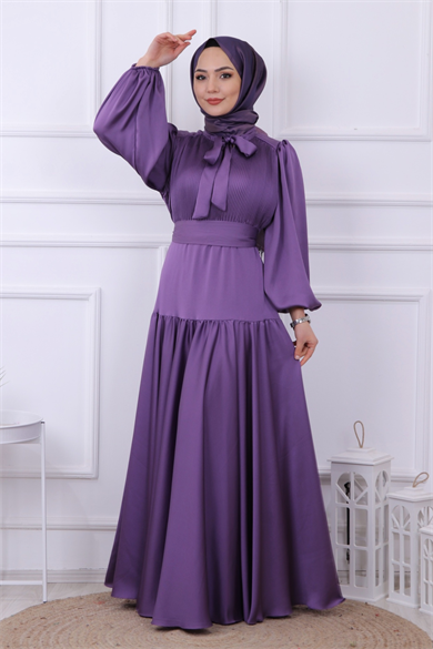 Önü Drapeli Balon Kol Elbise Mor