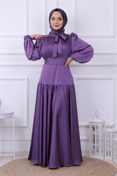 Önü Drapeli Balon Kol Elbise Mor