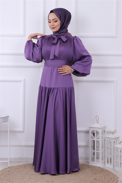 Önü Drapeli Balon Kol Elbise Mor