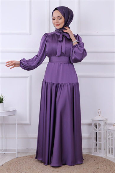 Önü Drapeli Balon Kol Elbise Mor