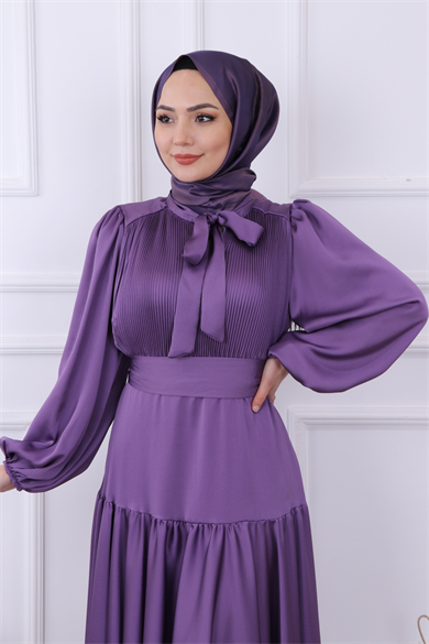 Önü Drapeli Balon Kol Elbise Mor