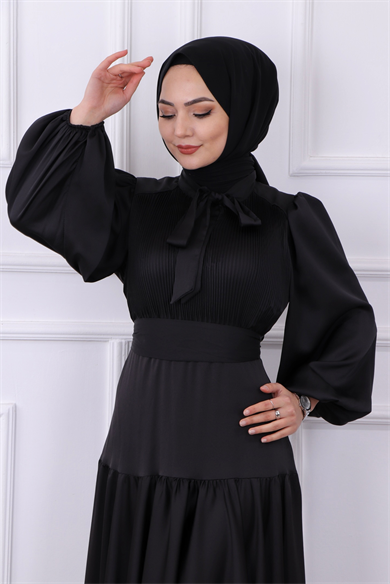 Önü Drapeli Balon Kol Elbise Siyah