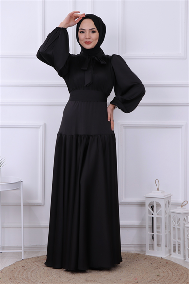 Önü Drapeli Balon Kol Elbise Siyah