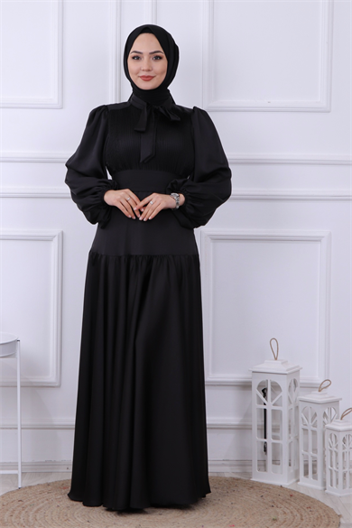 Önü Drapeli Balon Kol Elbise Siyah