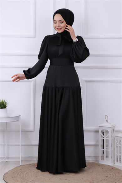 Önü Drapeli Balon Kol Elbise Siyah