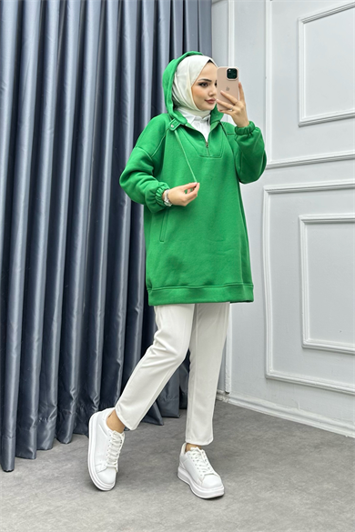 Önü Fermuar Ve Çıtçıt Detaylı Sweat Yeşil