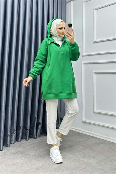 Önü Fermuar Ve Çıtçıt Detaylı Sweat Yeşil
