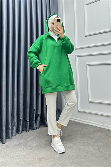 Önü Fermuar Ve Çıtçıt Detaylı Sweat Yeşil