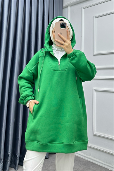 Önü Fermuar Ve Çıtçıt Detaylı Sweat Yeşil