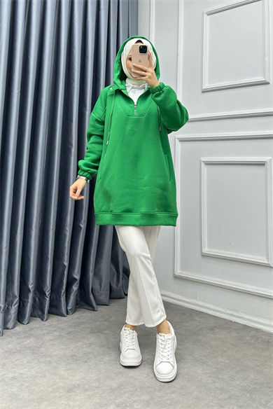 Önü Fermuar Ve Çıtçıt Detaylı Sweat Yeşil