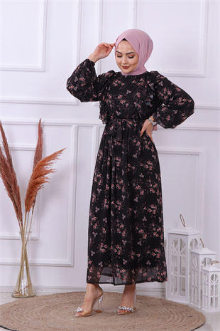 Önü Fırfırlı Çicekli Elbise Siyah