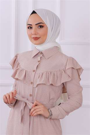Brc Önü Fırfırlı Kareli Tunik  Vizon