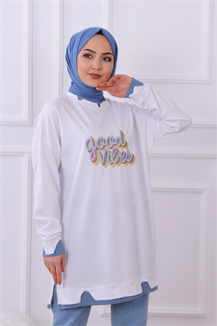 Önü Good Vibes Yazılı Sweat Beyaz
