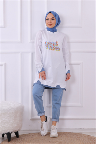 Önü Good Vibes Yazılı Sweat Beyaz