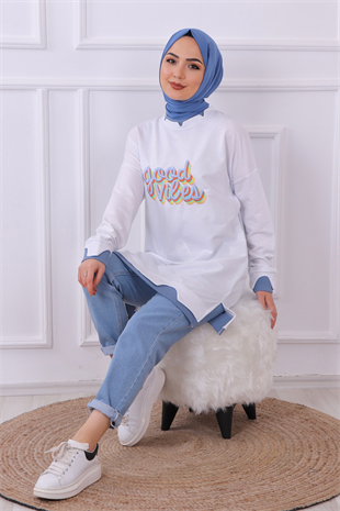Önü Good Vibes Yazılı Sweat Beyaz
