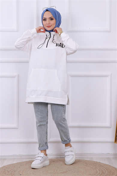 Önü Half Yazı Baskılı Sweat Beyaz