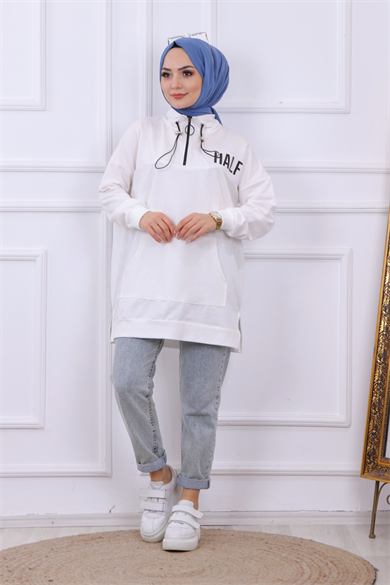 Önü Half Yazı Baskılı Sweat Beyaz
