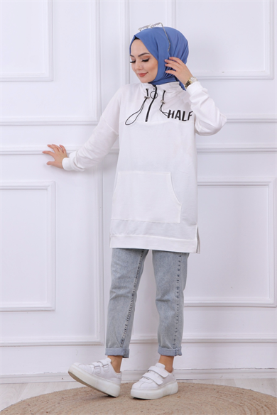 Önü Half Yazı Baskılı Sweat Beyaz