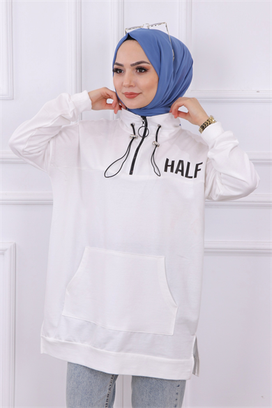 Önü Half Yazı Baskılı Sweat Beyaz