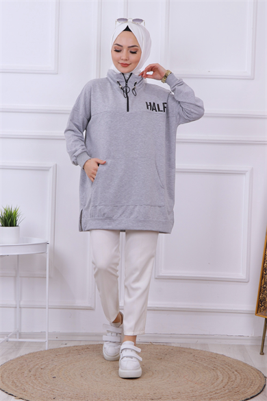 Önü Half Yazı Baskılı Sweat Gri