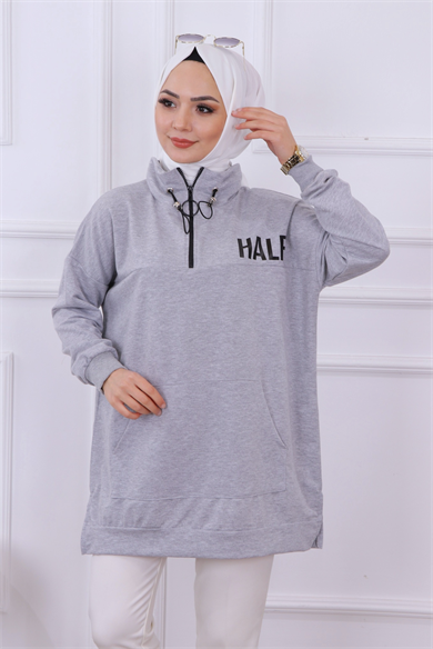 Önü Half Yazı Baskılı Sweat Gri