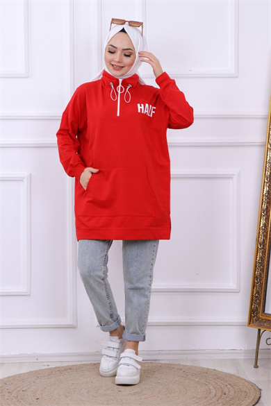 Önü Half Yazı Baskılı Sweat Kırmızı
