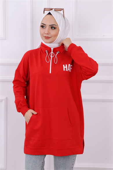 Önü Half Yazı Baskılı Sweat Kırmızı