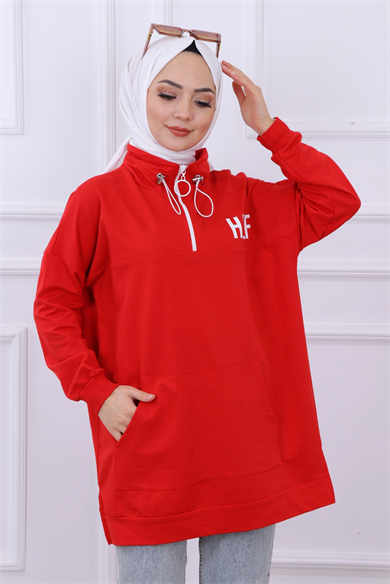 Önü Half Yazı Baskılı Sweat Kırmızı