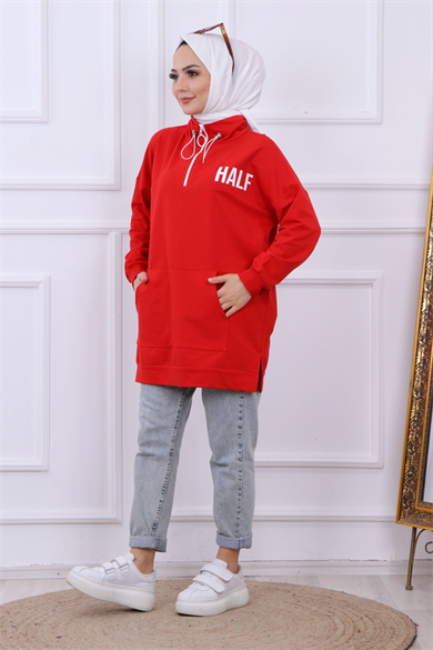 Önü Half Yazı Baskılı Sweat Kırmızı