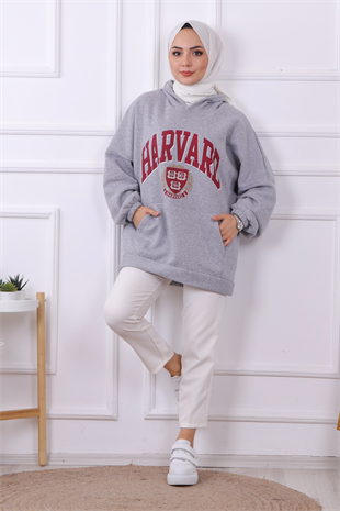 Önü Harvard Yazılı Üç İplik Tunik Gri