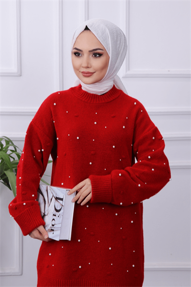 Önü İncili Tunik Kırmızı