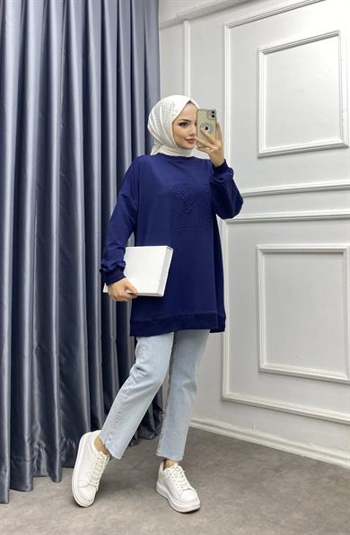 Önü Kabartma Baskılı İki İplik Sweat Lacivert