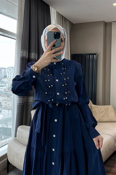 Önü Lazer Kesim Taşlı Elbise Lacivert