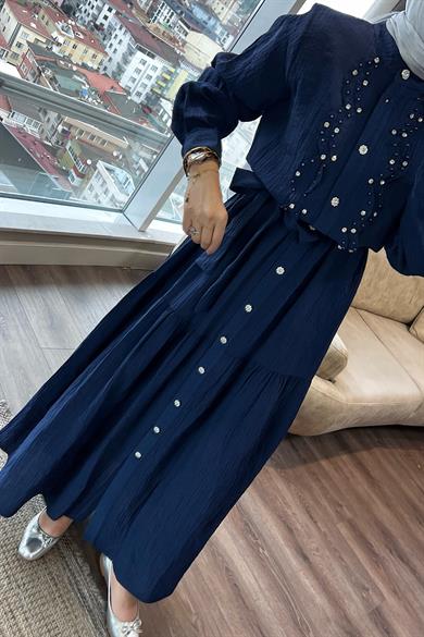 Önü Lazer Kesim Taşlı Elbise Lacivert