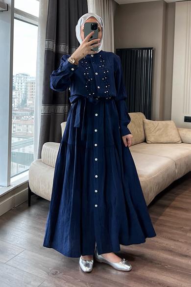 Önü Lazer Kesim Taşlı Elbise Lacivert