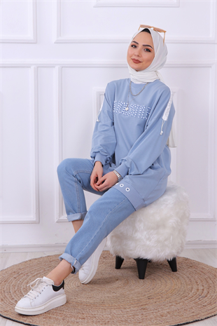 Önü Live Yourstyle Yazılı Sweat Mavi
