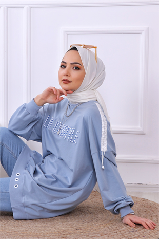 Önü Live Yourstyle Yazılı Sweat Mavi