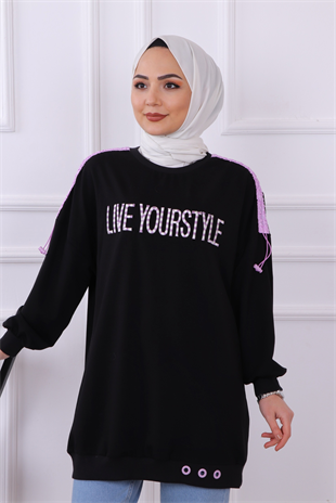 Önü Live Yourstyle Yazılı Sweat Siyah