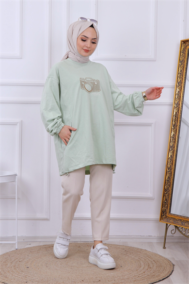 Önü Nakışlı Sweat Yeşil