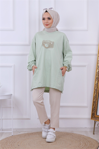 Önü Nakışlı Sweat Yeşil