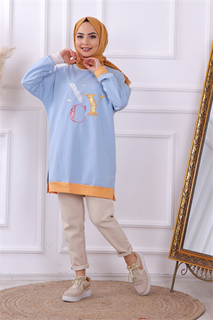 Önü Nyc Yazılı Sweat Mavi