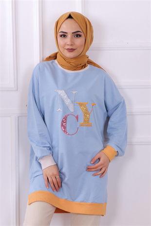 Önü Nyc Yazılı Sweat Mavi