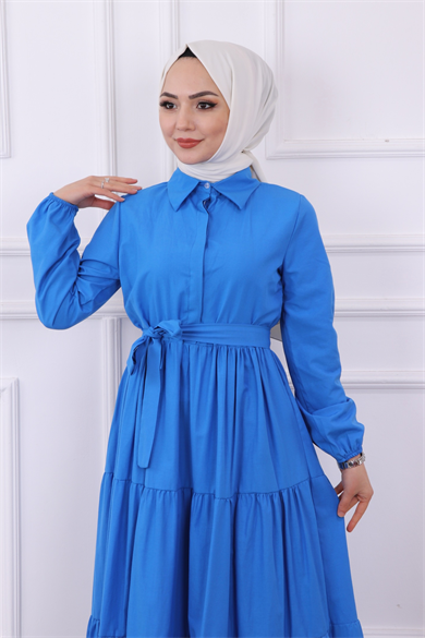 Önü Patlı Elbise Mavi