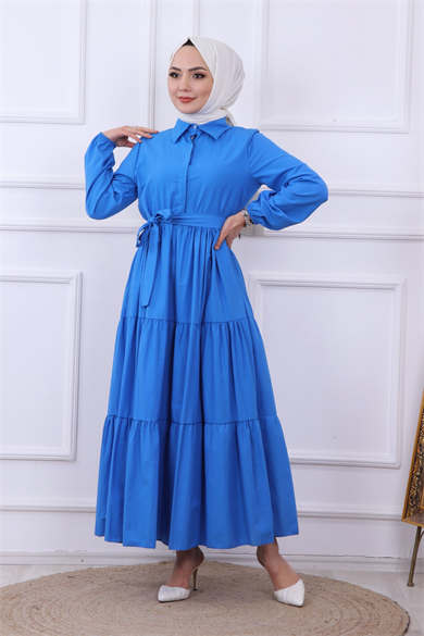 Önü Patlı Elbise Mavi